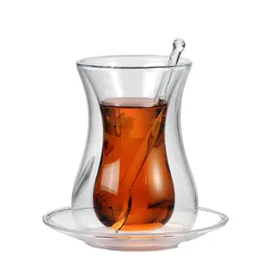 Copo de chá borosilicate 150ml, copo de chá preto turco com molhador e colher