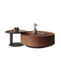 Table basse ronde en bois de noyer de style moderne du milieu du siècle, simple et moderne, avec rangement pour salon
