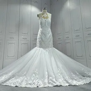 Real Picture 2023 Beautiful Bride Halter Lace Mermaid Wedding Dress Sleeveless Reception Dresses For Bride