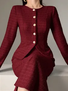 Conjunto elegante de 2 piezas de otoño para mujer, chaqueta de Tweed y cintura ceñida, conjunto de falda con <span class=keywords><strong>dobladillo</strong></span> de cola de pez, <span class=keywords><strong>ropa</strong></span> decorada, suites para mujer - Product Image 6