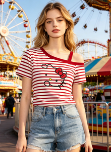 <span class=keywords><strong>T</strong></span>-<span class=keywords><strong>shirt</strong></span> rayé rouge et blanc Y2K pour femme, avec imprimé chat, coupe slim décontractée - Product Image 4