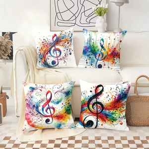 Colorful musical note throw pillows decorate cozy living room with festive holiday stockings and reindeer antlers - Product Image 2