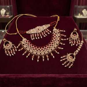 Vintage Gold Plated Imitation Pearl Ethnic Bridal Shadow Choker Necklace <b>Set</b> with Earrings & Maang Tikka Wedding Engagement - Product Image 2