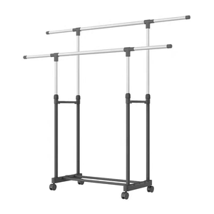Stainless Steel Height Adjustable Clothes Rack Double Pole Clothes Organizer Floor Stand Lifting Cloth Rack with 4 Wheels - Product Image 1