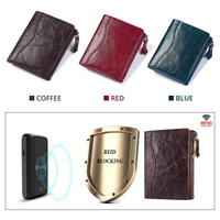 Dompet kulit asli pria, kapasitas besar ritsleting dompet saku koin pemblokiran RFID dompet koboi untuk pria