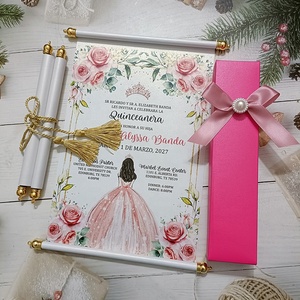 Carte d'<span class=keywords><strong>invitation</strong></span> enroulable rose pour Quinceañera, les meilleures invitations de mariage avec ruban et pompons, boîte de dragées pour invités - Product Image 4