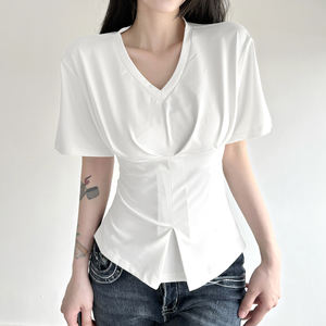 Camiseta de Punto Ecológica para Mujer, Cuello en V, Manga Corta, Color Sólido, Estilo Casual de Verano, Nueva Llegada 2026 - Product Image 4