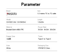 Kabel Data Yesido 2 Meter 60W Pengisian Cepat Desain Kain Terjalin TC ke TC untuk IP