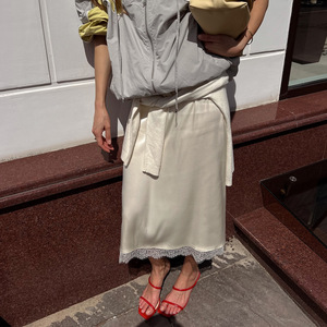 French Lace Trimmed Satin Midi <b>Skirt</b> High Waist Solid Color Women's <b>Skirt</b> With Micro <b>Elasticity</b> Polyester Fabric - Product Image 2