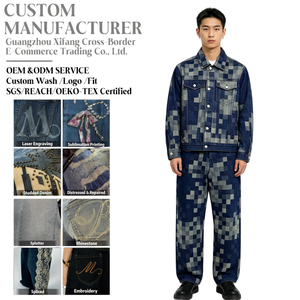 <strong>Custom</strong> Vintage Thermal Autumn Men's Denim Jacket Set With Geometric Pattern Knitted <strong>Coat</strong> In 100% Cotton - Product Image 1