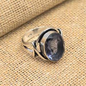 Anillo de Plata de Ley 925 hecho a mano con impresionante piedra preciosa de iolita en forma ovalada bonita incrustación de diamantes para bodas y fiestas - Product Image 2