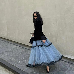 Falda Larga de Doble Capa con Puntos Azules para Mujer, de Chifón y Malla, Cintura Regular, Elegante, Primavera, Poliéster/Algodón - Product Image 5