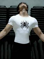 Camiseta Deportiva de Compresión de Manga Corta con Cuello Redondo y Estampado de Araña para Hombre, de Secado Rápido, Alta Elasticidad y Absorción de Humedad