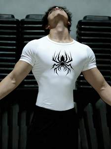 Bestseller Maglietta a Compressione con Grafica a Ragnatela per Uomo, Collo Tondo, Manica Corta, Traspirante, ad Asciugatura Rapida, Alta Elasticità, per Allenamento Sportivo - Product Image 2