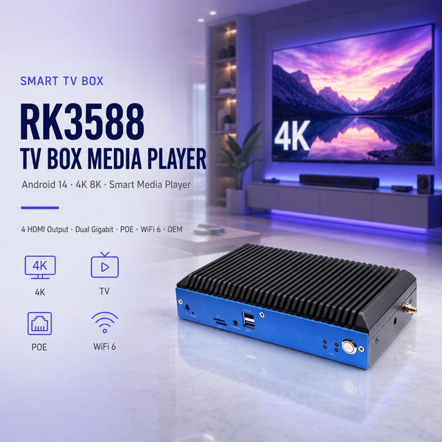RK3588 TV Box Android 14 4K 8K Smart Media Player 4  Output 8GB 32GB Dual Gigabit POE WiFi 6 OEM Advertising Machine