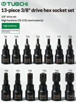 Set 13 Buah Bit Driver Torx Bentuk Bintang dengan Soket Hex Internal 3/8-inci T20 T25 T30 T40 T50 T60 T70