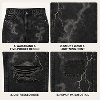 Jeans personnalisés déchirés avec imprimé graphique éclair, patchwork et effet usé pour un style urbain et un usage quotidien