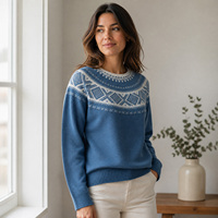 Pull ras du cou jacquard Fair Isle bleu nordique pour femme, coupe décontractée, tricoté avec bordure côtelée, OEM/ODM