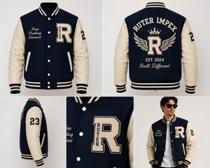 Chaqueta Varsity Unisex Azul Marino y Beige con Letra R Bordada, Bolsillo Frontal, Corte Regular, Cuello en V, Estilo Urbano, Ropa de Invierno - Product Image 6