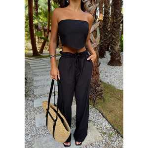 Ensemble en lin Henri noir pour femme, haut long décontracté à imprimé quotidien, col à nœud, décoration en dentelle, saison hivernale, taille XL, tricot personnalisé, lavé, sac - Product Image 4