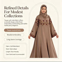 Vestido Abaya Abierto Nida Suave Color Taupe Personalizado OEM para Mujer, con Bordado Floral y Cuentas, Manga Larga, para Fiesta Eid, Vestido Musulmán Modesto para Mujer