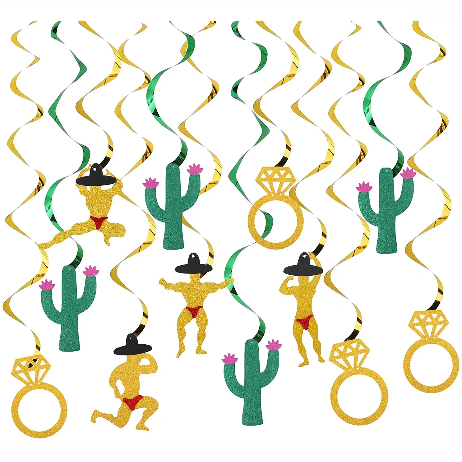 סופי פיאסטה מסיבת הרווקים קישוטים, תליית מערבולת עם קקטוס איש & כלה טבעת, נצנצים זהב מקסיקו כלה מקלחת
