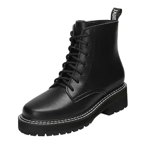 Bottines noires en cuir à talon épais pour femmes, chaussures de neige avec fourrure, à la mode, nouvelle collection hiver