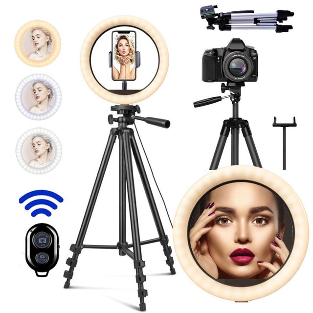 10-Inch USB Powered Selfie Ring Light 1 Meter Tripod BT Remote 3 Color Modes for TikTok YouTube Live Makeup Mobile Phone Holder