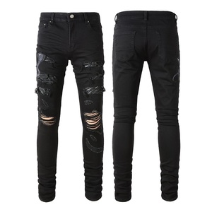 Jeans <span class=keywords><strong>Uomo</strong></span> Slim Fit Effetto Vissuto con Ricamo Serpente Nero <span class=keywords><strong>Elasticizzati</strong></span> Strappati Impilati <span class=keywords><strong>Pantaloni</strong></span> Invernali in Denim Stile Vintage Hip Hop - Product Image 4