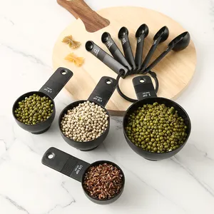 Juego de 10 piezas de tazas y cucharas medidoras de plástico negro, herramientas de cocina esenciales para cocinar y hornear