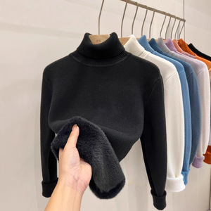 Suéter de cuello alto para mujer, forrado de lana, grueso, de manga larga, capa base, color liso, ajuste holgado, cálido para otoño e invierno - Product Image 2