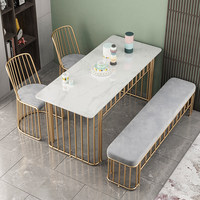 Table de salle à manger commerciale moderne avec bancs rembourrés, structure en métal doré, mobilier de restauration, café, hôtel, banquette, vente en gros