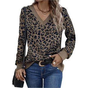 Women Leopard Print V Neck Long Sleeve Sweater Vintage Loose Pullover Tops Autumn Wear - Product Image 1