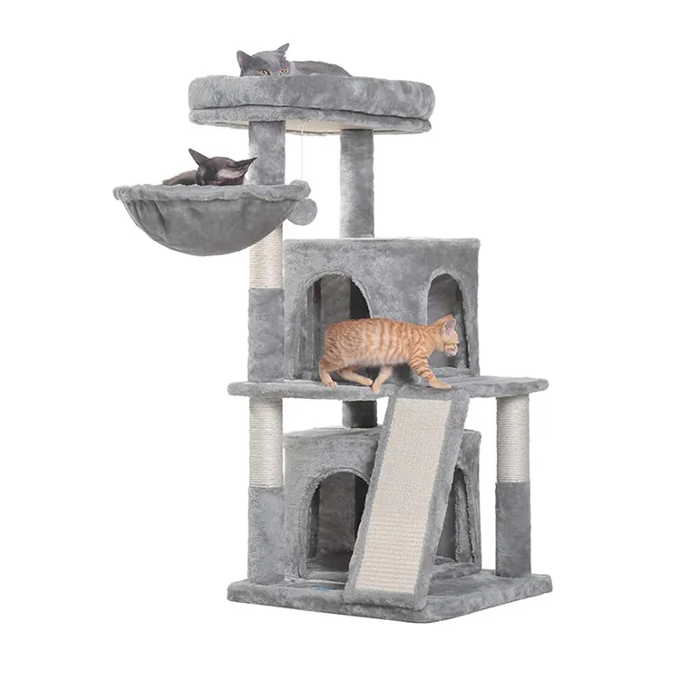 wholesale custom light grey plush large cat scratching post tree scratcher sisal pet bed play condo luxury cat tree tower