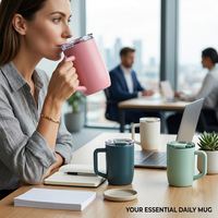 Vente en gros OEM – Tasse isotherme à double paroi en acier inoxydable de 15 oz avec poignée et couvercle à rabat assorti