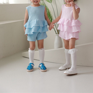 Rosa e <span class=keywords><strong>blu</strong></span> bicolore torta estiva senza maniche Top + Shorts Set completo da ragazza in tinta unita - Product Image 5