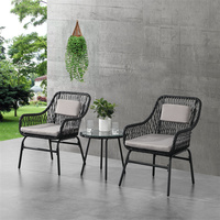 Chaise d'extérieur moderne en rotin PE noir avec coussin en tissu non tissé et pieds en métal pour cour de ferme et parc