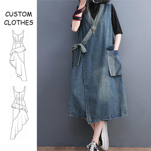 Personnalisé A-ligne Asymétrique Solide Lâche Sans Manches Midi Col V Poches Ceintures Robe <span class=keywords><strong>Haute</strong></span> Qualité Unique Femmes Coton Denim Robes - Product Image 1