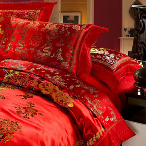 Tinh Khiết Cotton Chất Lượng Mùa Thu Đám Cưới Bảy Mảnh Kit Len Đầy Lớn Màu Đỏ Chăn Bìa Bộ Đồ Giường Với <span class=keywords><strong>Satin</strong></span> - Product Image 2