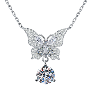 Bijoux fins, collier avec pendentif papillon en argent S925, chaîne à maillons, moissanite taillée, certificat GRA - Product Image 1