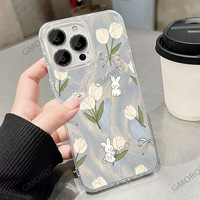 Coque de téléphone portable transparente antichoc peinte avec motif de petit lapin en peluche et tulipe de dessin animé, 16 grands trous