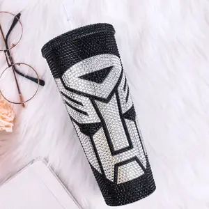 2023 hot selling customized logo 24oz transformers flat lid bling glass stone tumbler for milk tea drinking