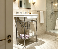 Meuble-lavabo en acier inoxydable 304 poli chromé haute brillance avec pieds brillants et vasque en céramique artistique, lavabo en porcelaine de boutique, console