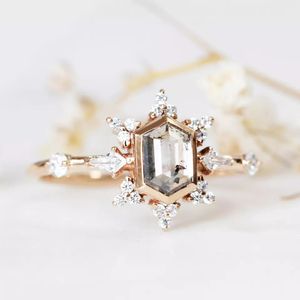 Anello di fidanzamento con sale e pepe lucido, sale e pepe, gioielli in oro rosa, anello rotondo con sale e pepe in oro 14 carati - Product Image 5