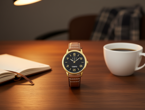 Orologio da Uomo Yasno 38mm, Analogico al Quarzo, Cinturino in Pelle, Display Data, Cassa Rotonda Elegante, Quadrante Oro Giallo, Vetro Minerale - Product Image 2
