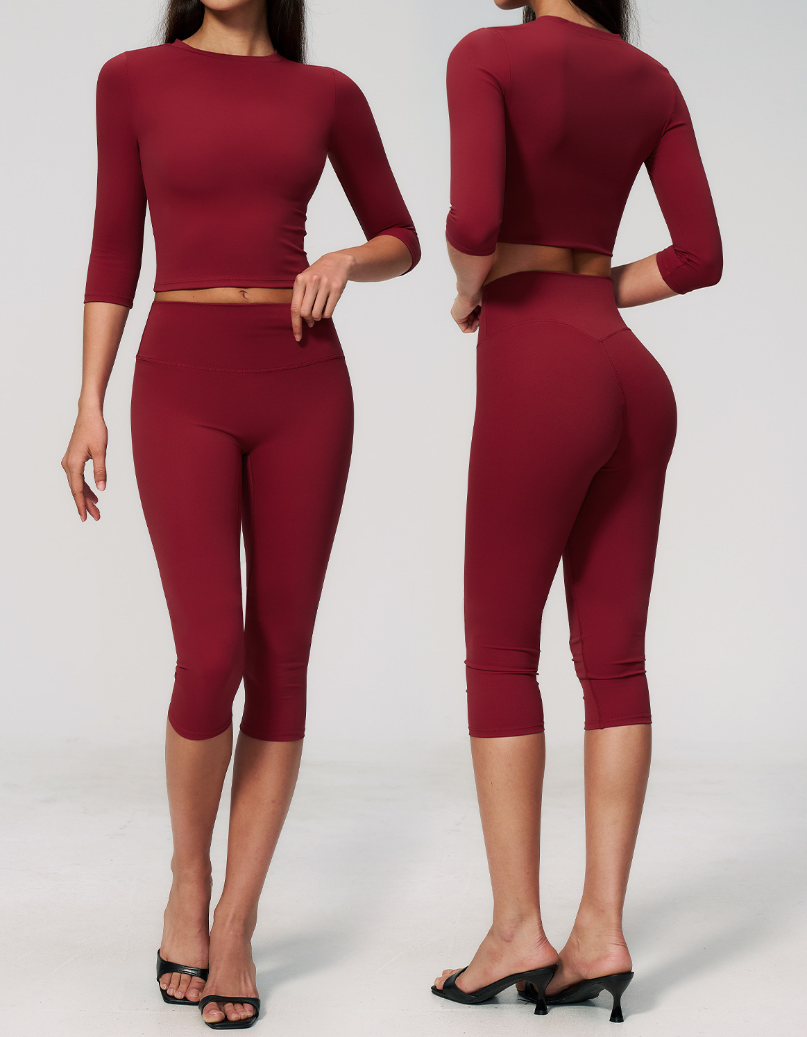 Women Sports Wear Exercise Track Suits Workout No Front Seam Calf-Length Leggings Buttery Soft 2 Piece Long Sleeve Yoga Gym Set