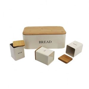 Bamboo Cutting Board Lid Kitchen Bread Bin <b>Box</b> With 3- Piece Sugar <b>Tea</b> Coffee Containers Sets - Product Image 6