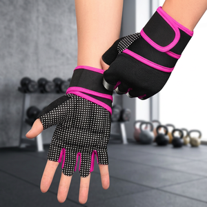 <b>Half</b> Finger Fitness Gloves Black Pink Non <b>Slip</b> Adjustable Wrist Strap Gym Weight Lifting Unisex Spandex Material - Product Image 2