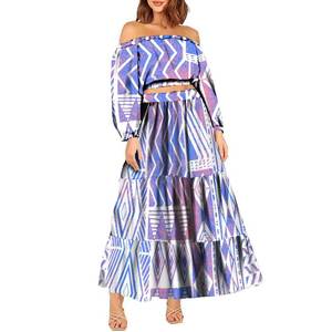 新款大码女性优雅长袖脱肩两件套塔帕波利尼西亚部落裁剪上衣和长裙女童连衣裙 - Product Image 2