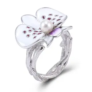 独特的花朵梨形银戒指配红宝石实心常春藤盟戒带925纯银女性时尚精品珠宝